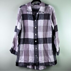 Soft Surroundings Large White Black Plaid Linen Carreaux Zip Back Tunic Shirt